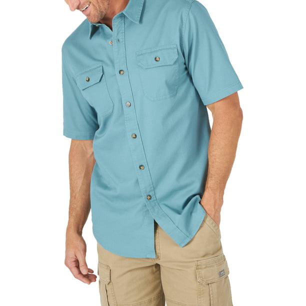 Fseason-Men Oxford Regular Fit Solid Washed Short Sleve Shirt Blouse Tops 